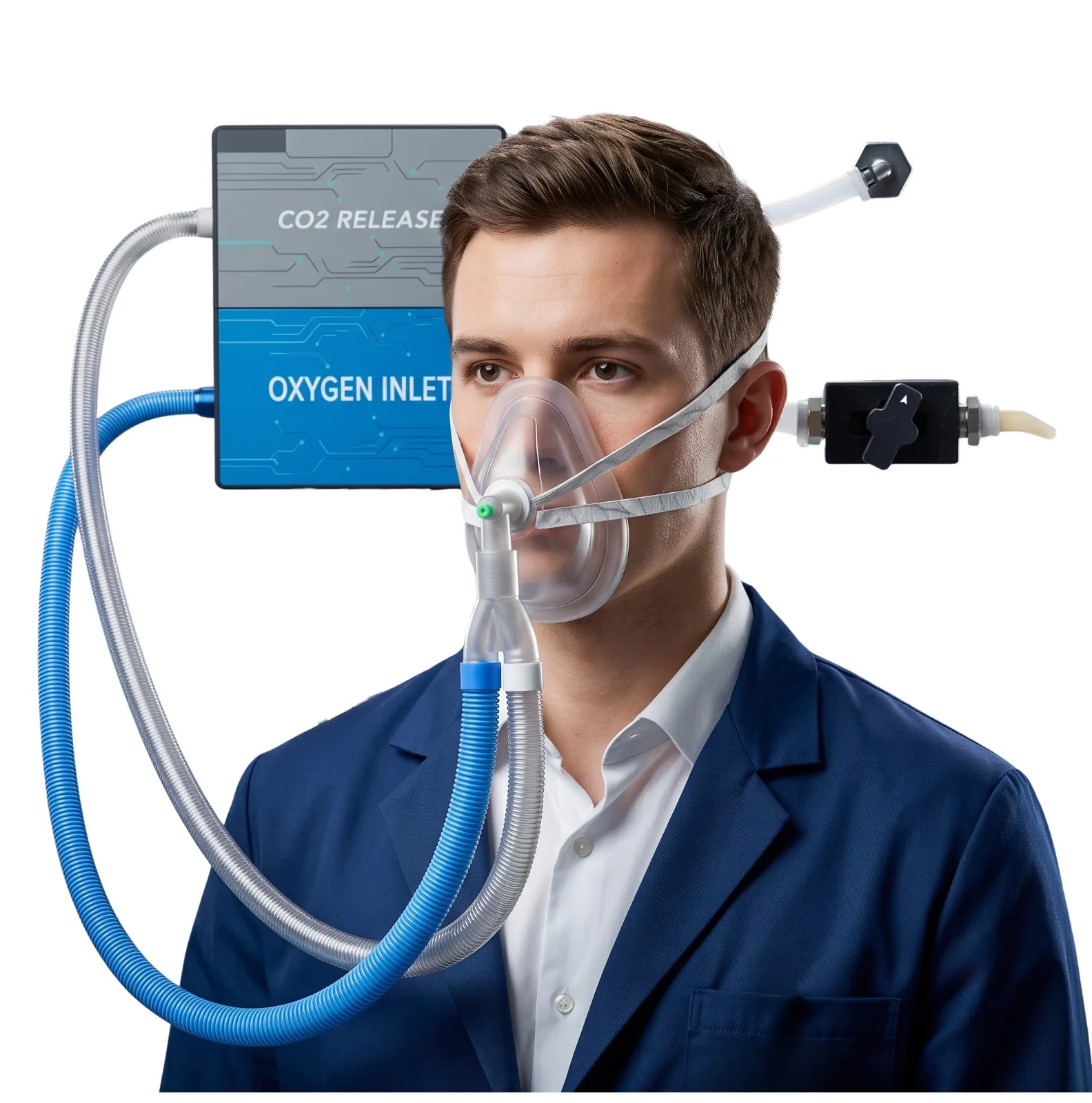 Lightweight high-flow BIBS oxygen delivery system — a user in a navy blazer wearing a transparent facemask connected to oxygen inlet and CO2 release modules with blue and silver dual-compatible tubing