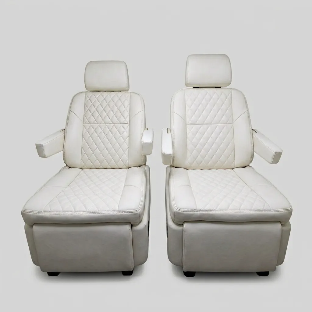 Premium business-inspired fully adjustable comfort seating in cream — two quilted ivory leather captain's chairs with diamond stitching, integrated headrests, and padded armrests