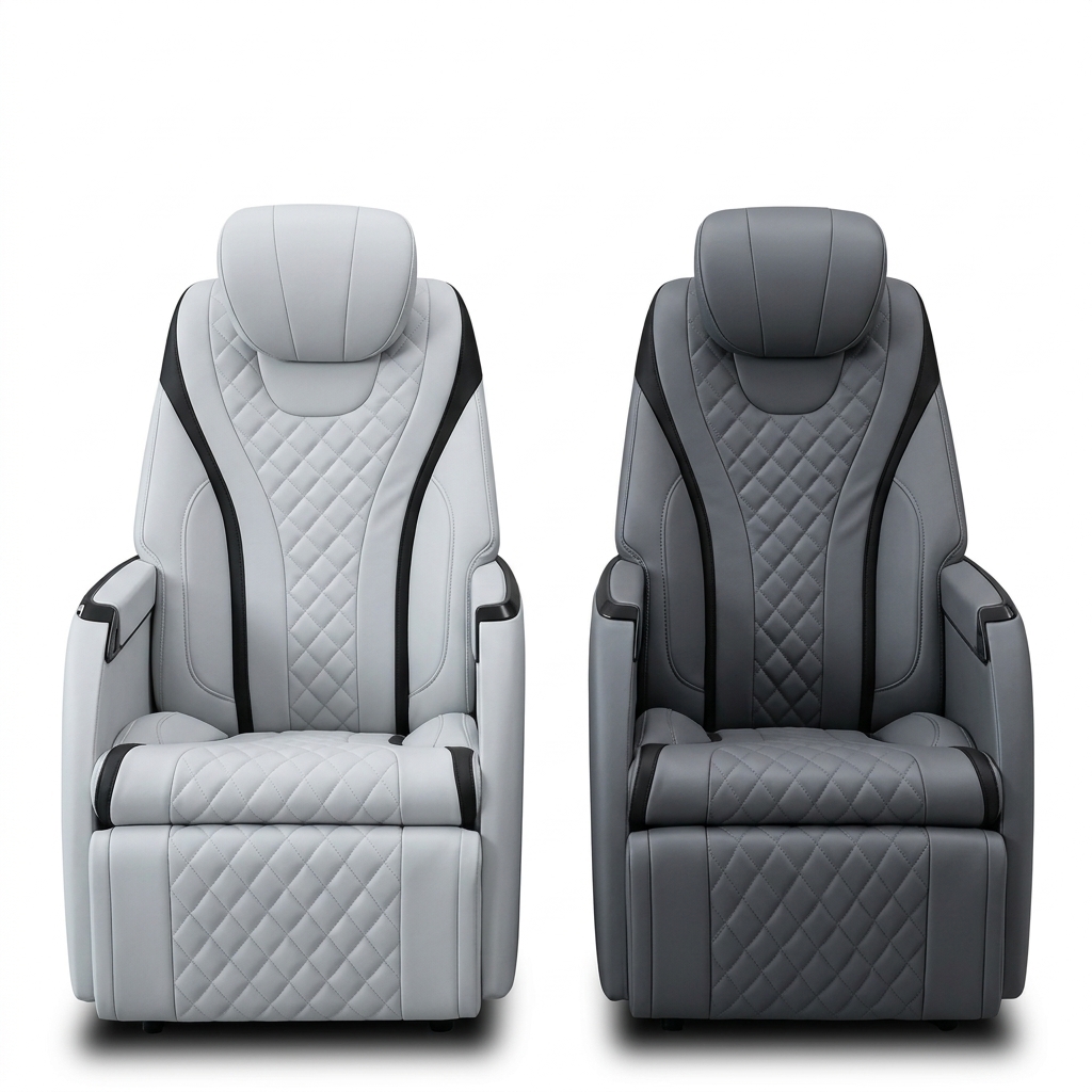 Premium business-inspired fully adjustable comfort seating in gray — two quilted leather captain's chairs in light gray and dark gray with integrated headrests and padded armrests
