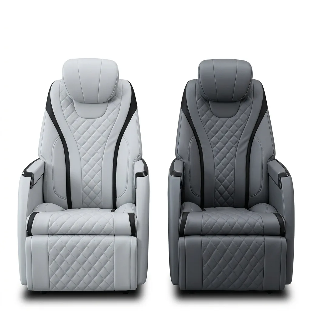 Premium business-inspired fully adjustable comfort seating in gray — two quilted leather captain's chairs in light gray and dark gray with integrated headrests and padded armrests