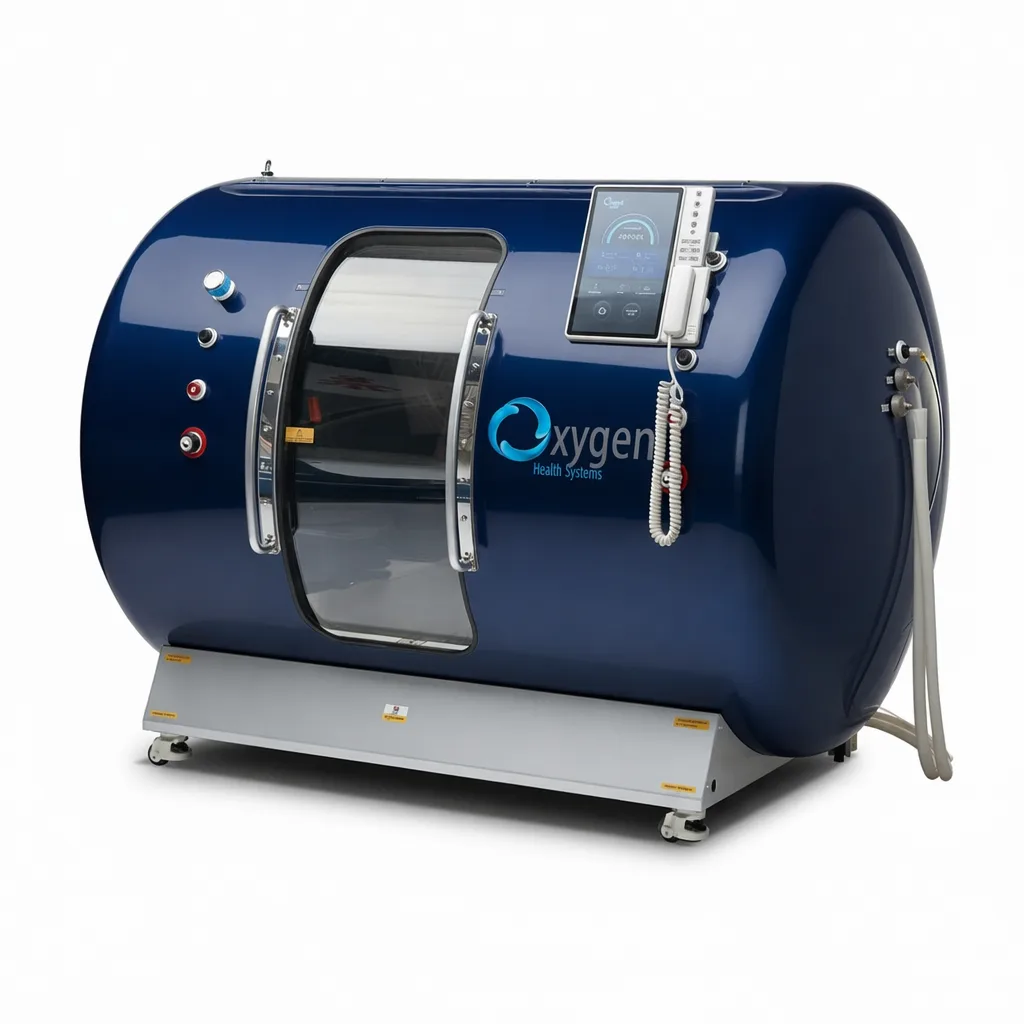 Ocean blue hyperbaric oxygen chamber with Oxygen Health Systems branding, a side viewing window, mounted touchscreen control panel with handset, and connection hoses on a wheeled base