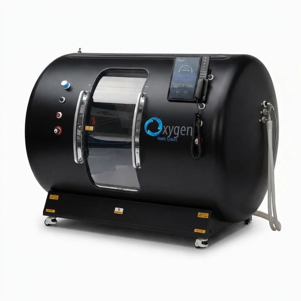 Satin black hyperbaric oxygen chamber with Oxygen Health Systems branding, a side viewing window, mounted touchscreen control panel with handset, pressure gauges, and connection hoses on a wheeled base
