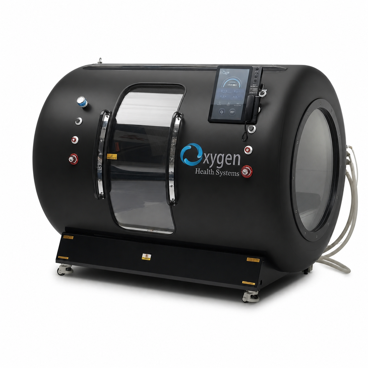 Matte black OxyVista multiplace hyperbaric oxygen chamber with chrome handles, side window, touchscreen controller, and porthole