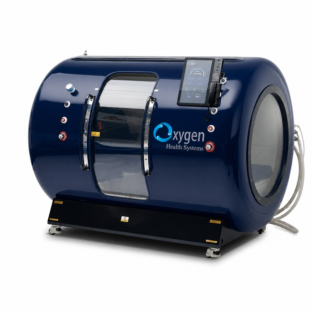 Glossy navy blue OxyVista multiplace hyperbaric oxygen chamber with chrome handles, side window, touchscreen controller, and porthole