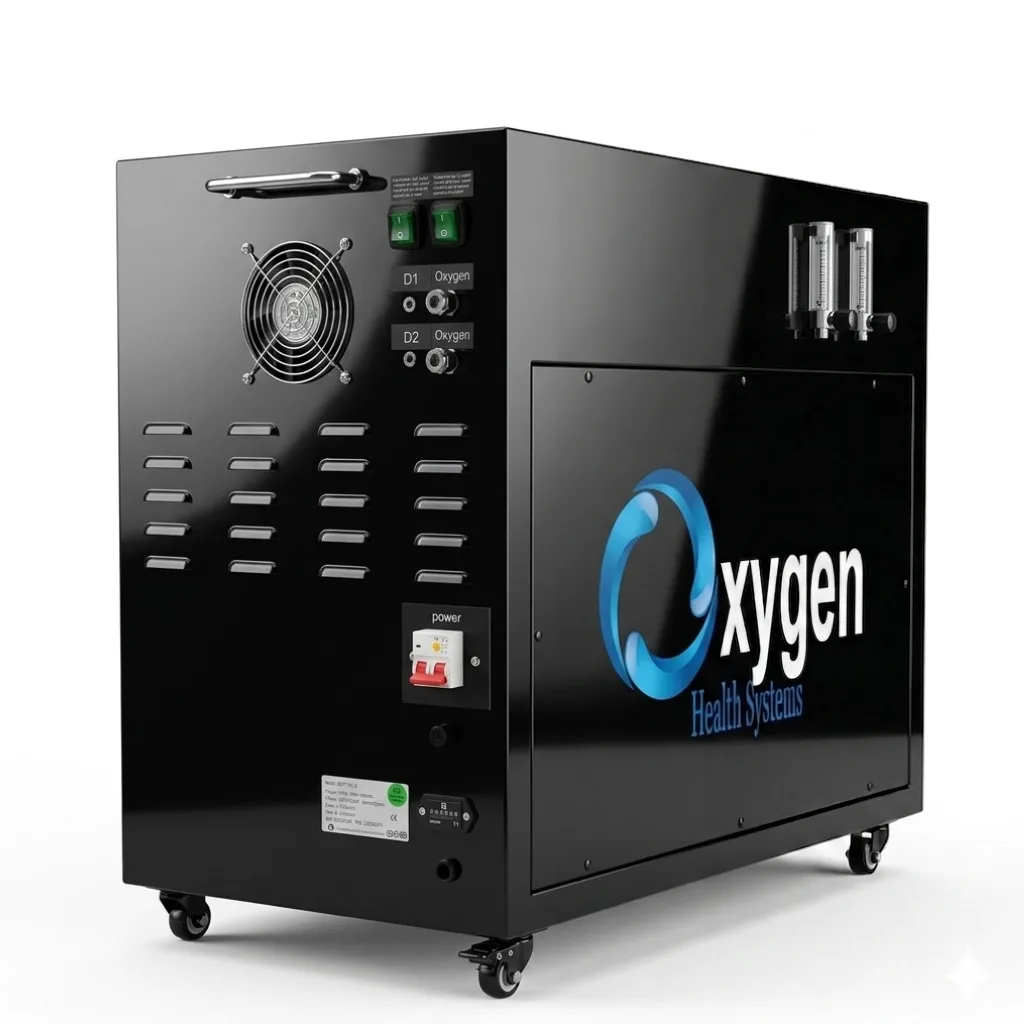 Second 20 LPM oxygen generator control side — black Oxygen Health Systems cabinet with fan vent, two green power switches, D1 and D2 oxygen outlet ports, a red power breaker, dual flow-meter gauges, and locking casters