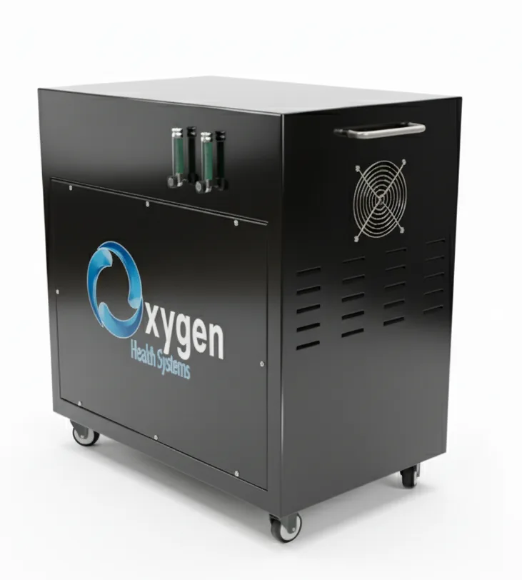Second 20 LPM oxygen generator — black Oxygen Health Systems equipment cabinet on locking casters with a chrome top handle, circular fan vent, dual green gauges, and ventilation grilles