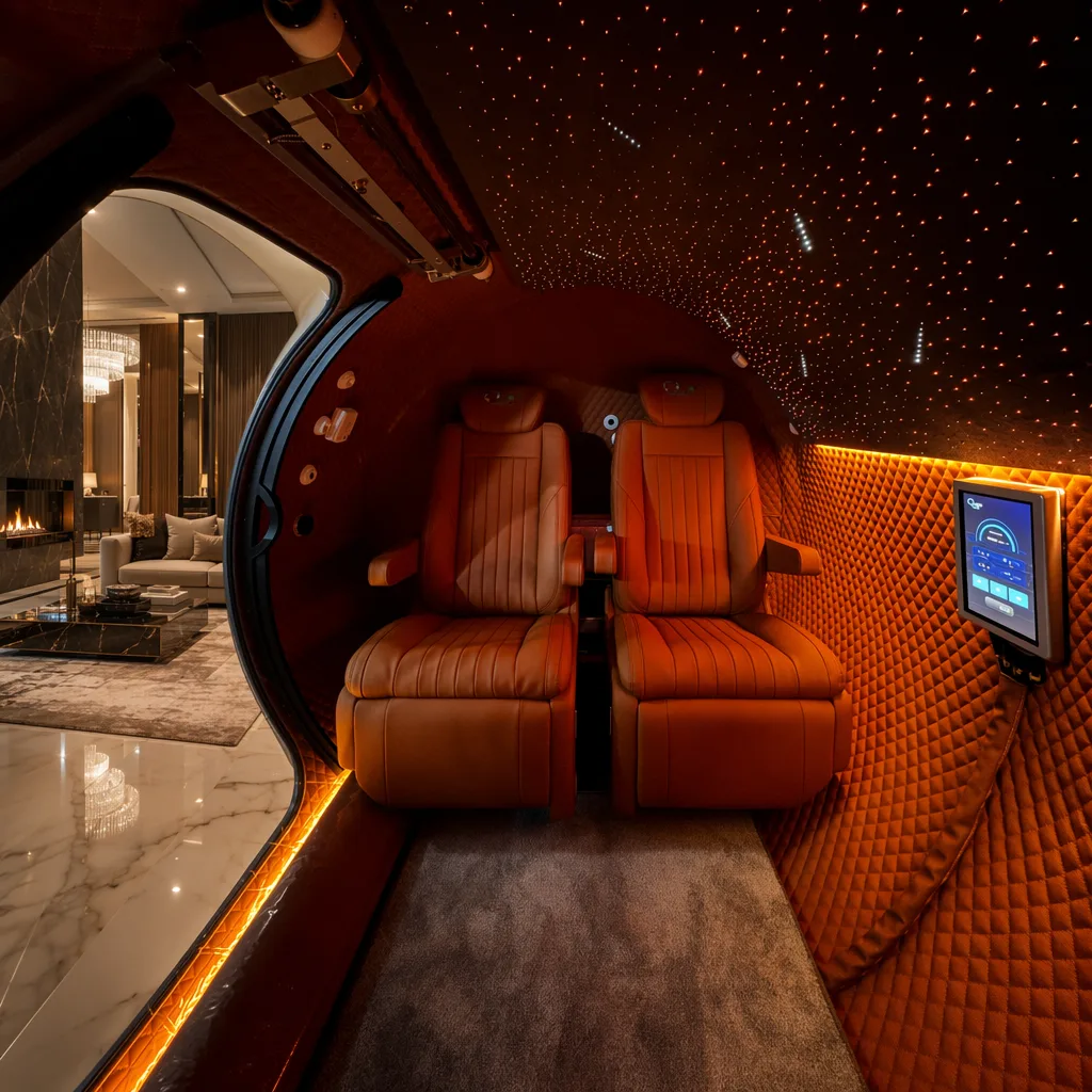 Luxury Plus model chamber interior with a fiber-optic starlight ceiling, two cognac-orange leather reclining seats, quilted padded walls with ambient LED lighting and a wall-mounted touchscreen, viewed through the open door into an upscale living room