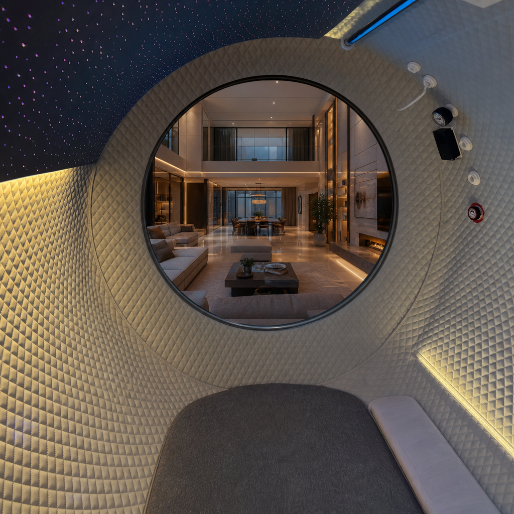 View from inside the hyperbaric chamber — quilted interior padding and a fiber-optic starlight ceiling with the Milky Way and a galaxy, looking out through the large circular window into a luxurious modern living room