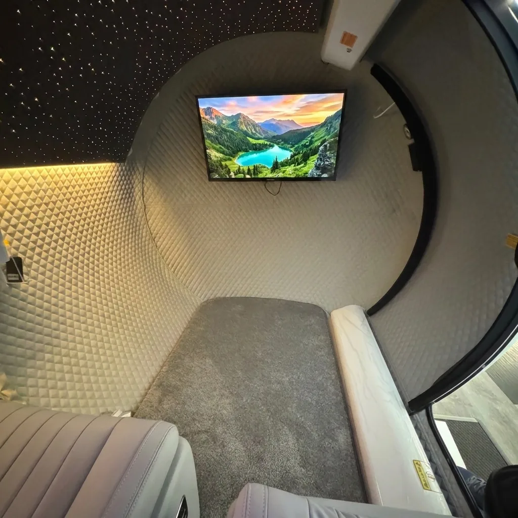 Interior of the hyperbaric chamber with a fiber-optic starlight ceiling, quilted cream padded walls, gray carpeted seating with leather seats, and a wall-mounted TV showing a mountain lake scene